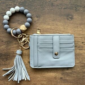 NWOT Gray Leather Card Holder with Tassel Keychain